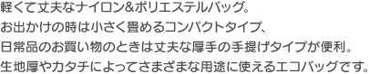 軽くて丈夫なナイロン＆ポリエステルバッグ。お出かけの時は小さく畳めるコンパクトタイプ、日常品のお買い物のときは丈夫な厚手の手提げタイプが便利。生地厚やカタチによってさまざまな用途に使えるエコバッグです。