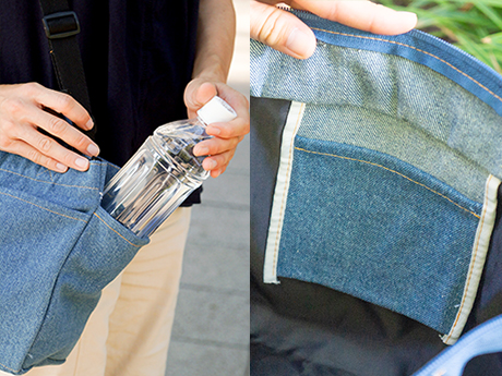 サイドポケットにはペットボトルが入ります。内側にもポケットがついていたりとデザイン性・機能性にこだわったバッグになっております。